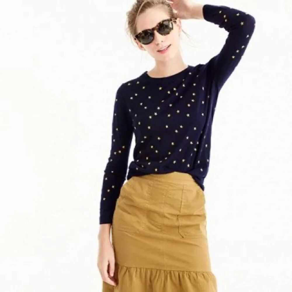 J. Crew Women's Star Embroidered Merino Wool Sweater S Navy Lightweight Preppy